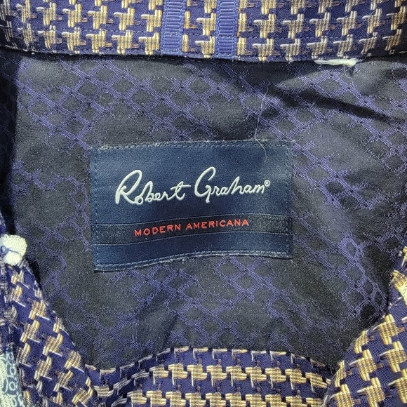 Robert Graham Royal Blue Gold Houndstooth Check Button Down Shirt Size L - Picture 8 of 11